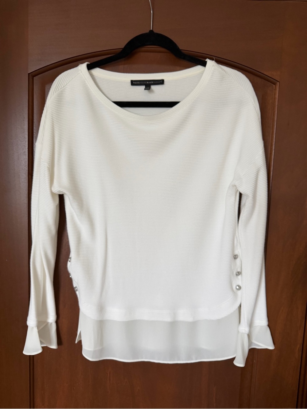White House Black Market Ivory Layered-Hem Knit Top with Side Pearl Buttons